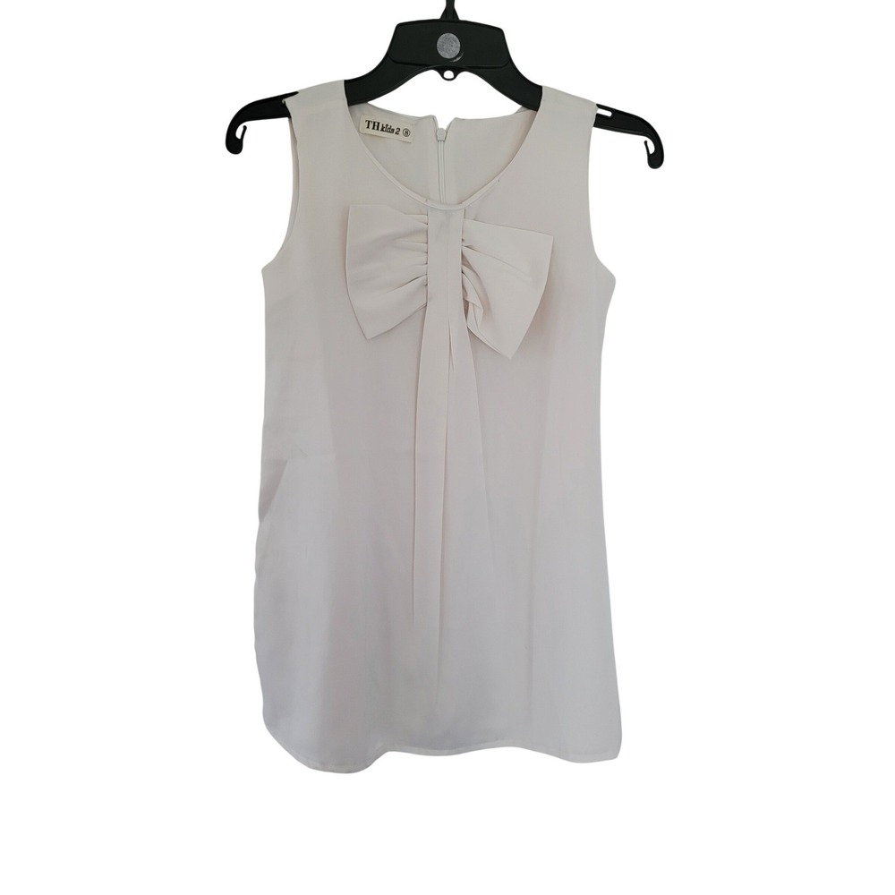 TH Kids Girls 8 Cream Sleeveless Blouse Oversized Front Bow Satin #7‎
